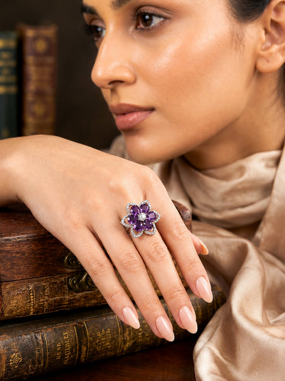 Rhodium Plated Purple AD Floral Finger Ring for Women