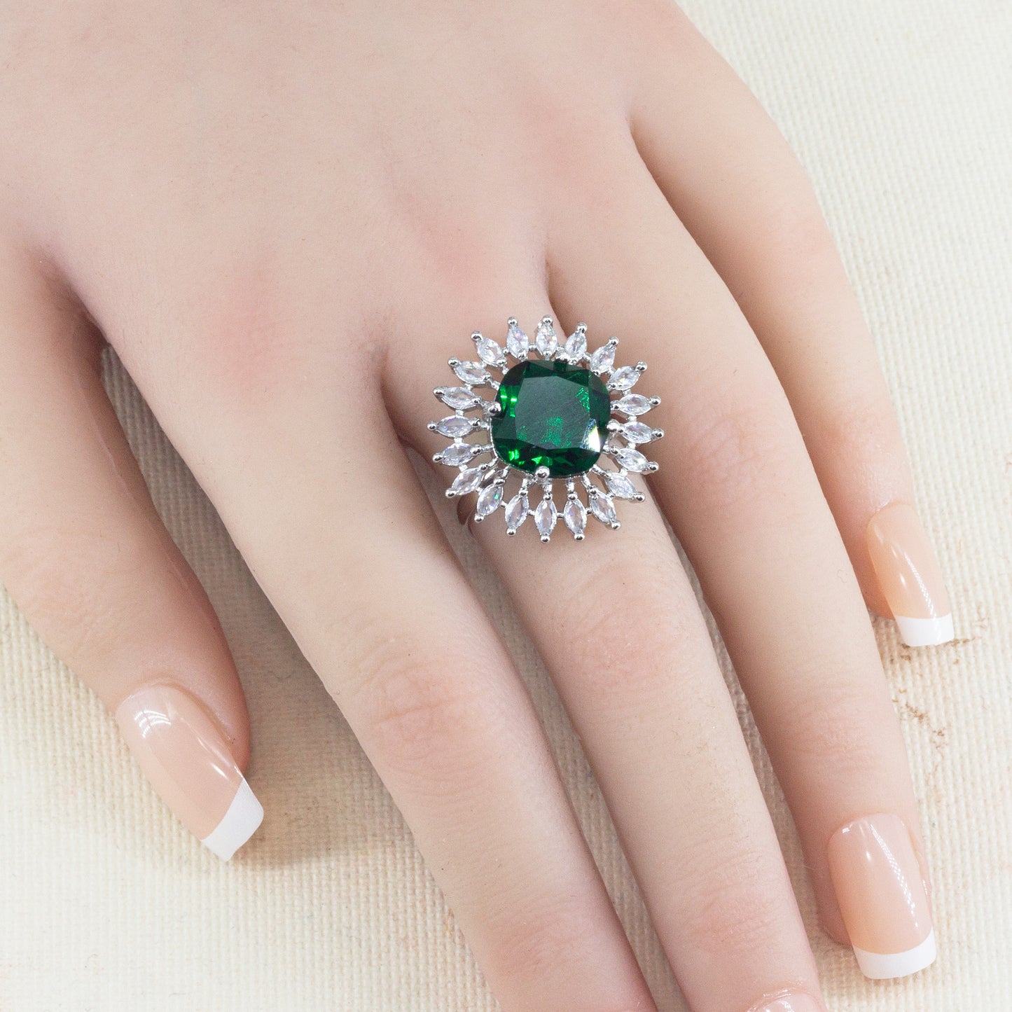 Rhodium Plated Green AD Finger Ring for Women