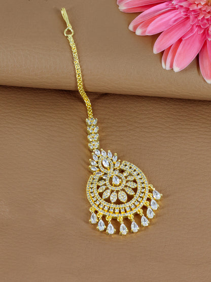 Gold Plated White American Diamond Maang Tikka for Women