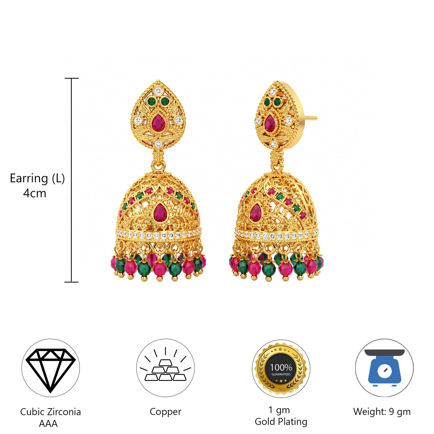 1 Gram Gold Plated AD Jhumka Earrings for Women