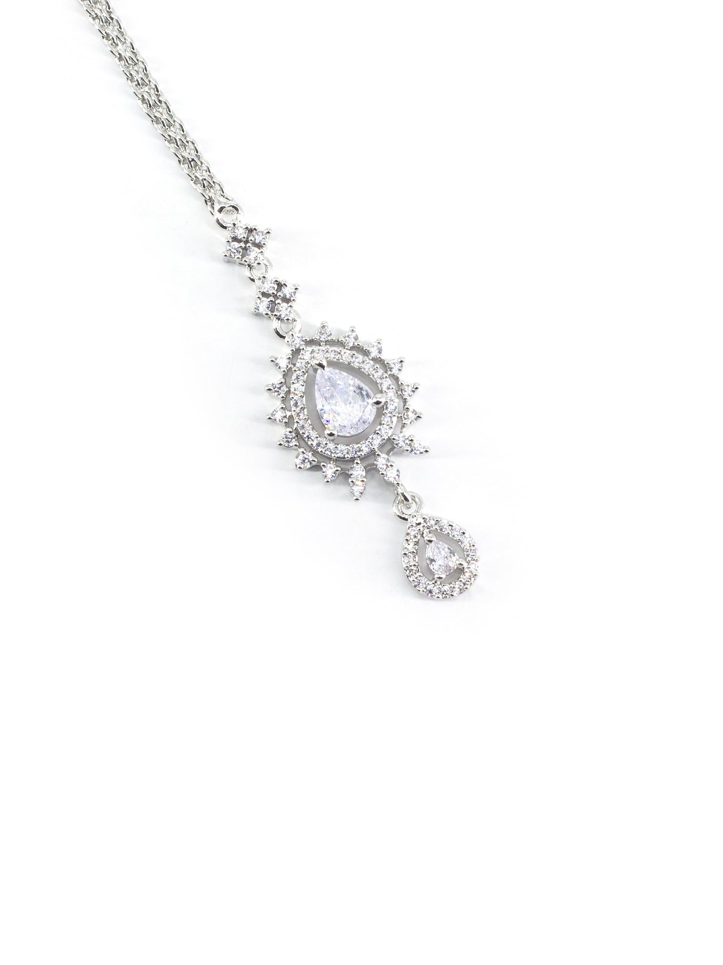 Silver Plated White AD Drop Maang Tikka for Women