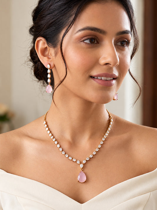 South Indian Gold Plated Pink AD Teardrop Jewellery Set for Women