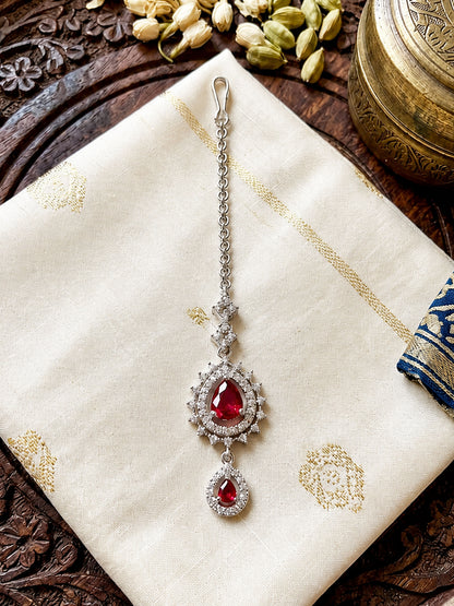 Silver Plated Red AD Maang Tikka for Women