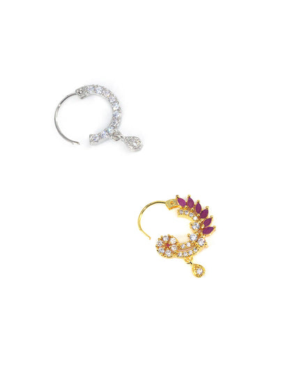 Set of Two Rhodium & Gold Plated American Diamond Nosepin
