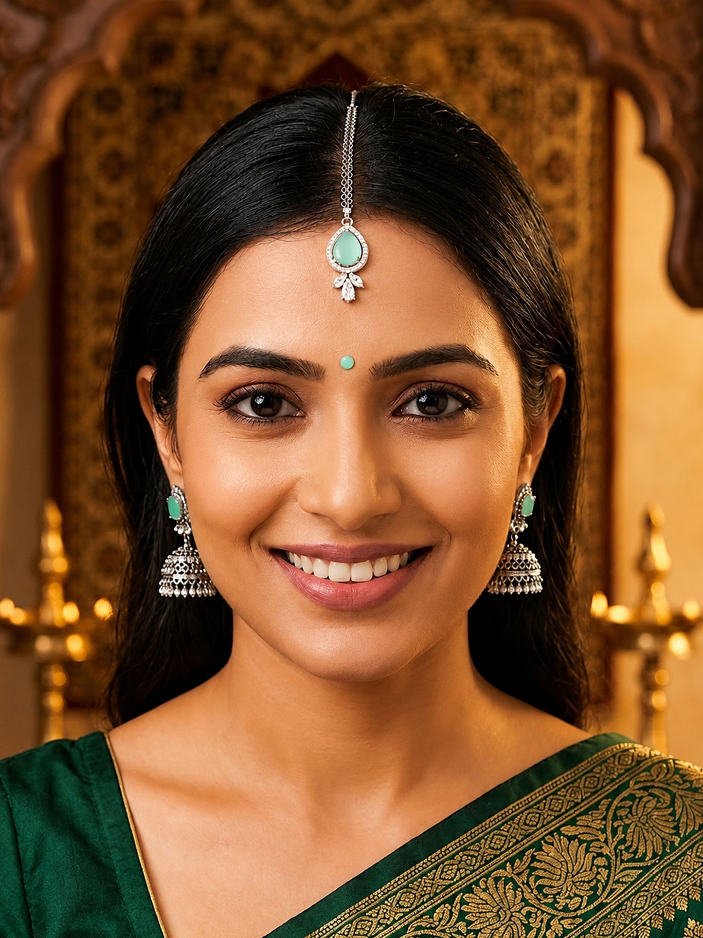 Silver Plated Mint Green AD Maang Tikka for Women