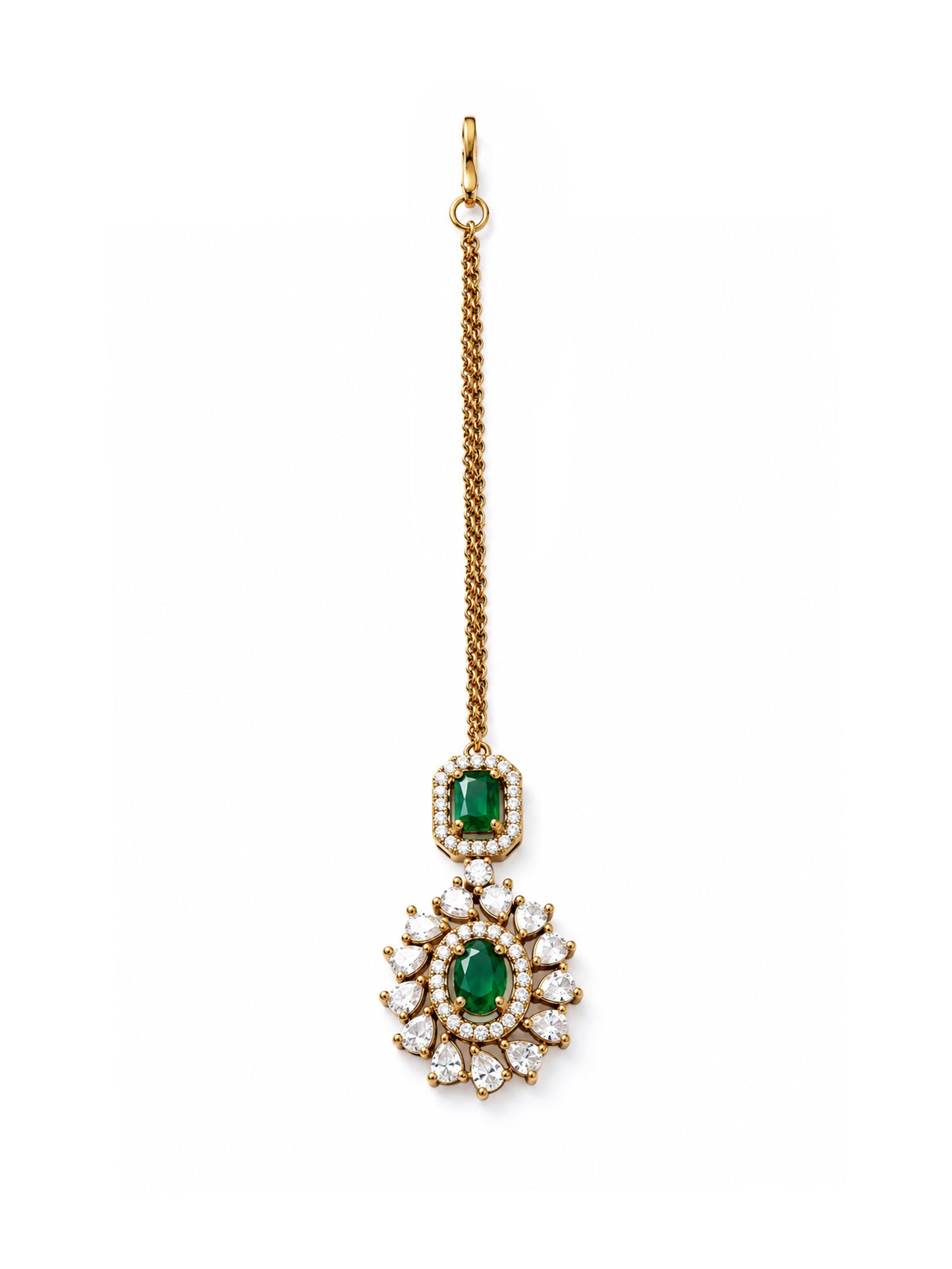 Antique Gold Plated Green AD Maang Tikka for Women