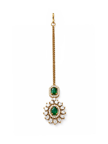 Antique Gold Plated Green AD Maang Tikka for Women