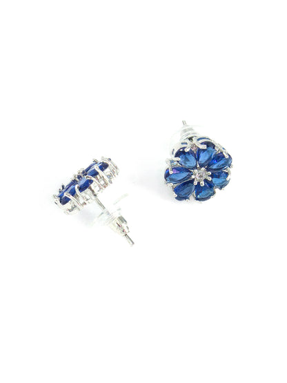 Silver Plated Blue Floral AD Stud Earrings For Women