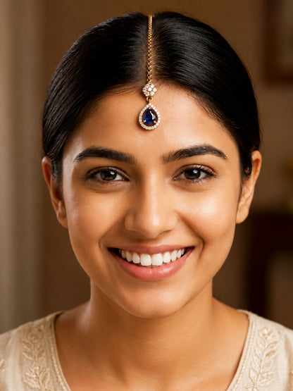 Antique Gold Plated Blue AD Maang Tikka for Women