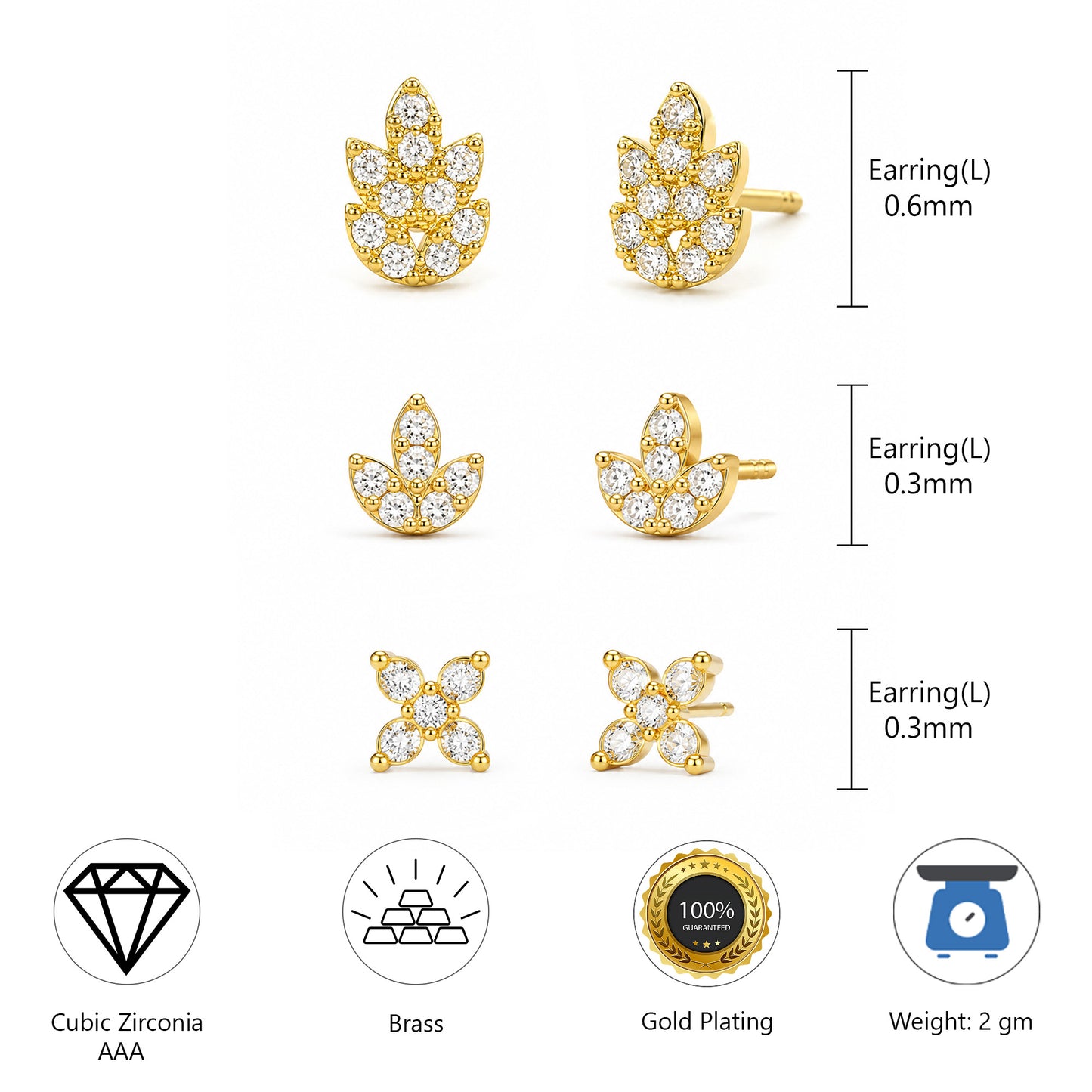 Set of 3 Gold Plated Stud Earrings for Women