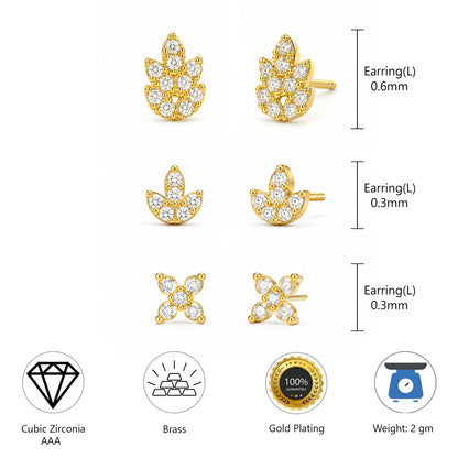 Set of 3 Gold Plated Stud Earrings for Women