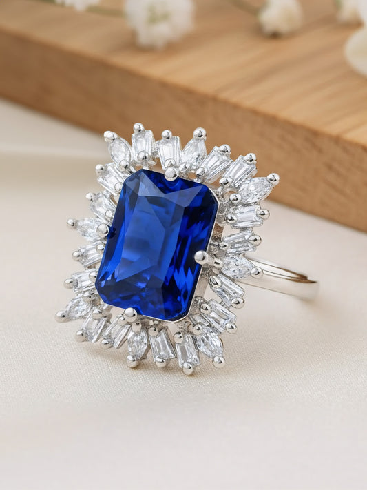 Rhodium Plated Blue AD Adjustable Ring for Women