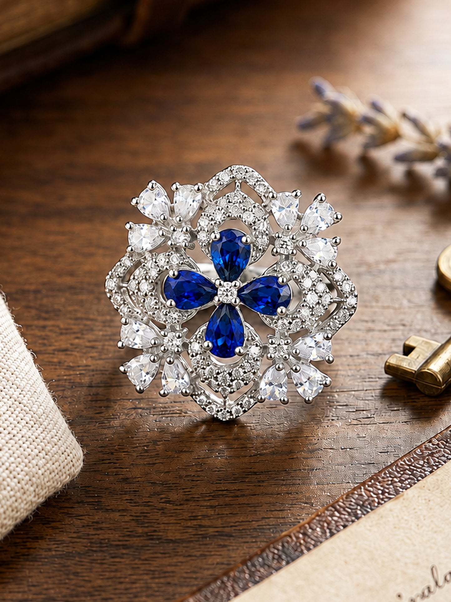 Rhodium Plated Blue AD Floral Finger Ring for Women