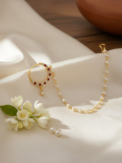 Gold Plated Red & White AD Nose Ring with Pearl Chain