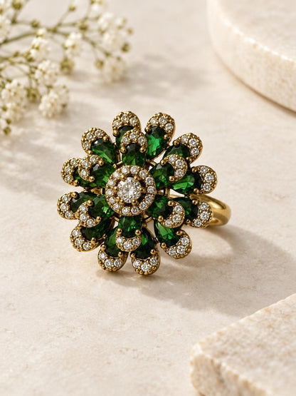 Antique Gold Plated Green AD Floral Finger Ring for Women