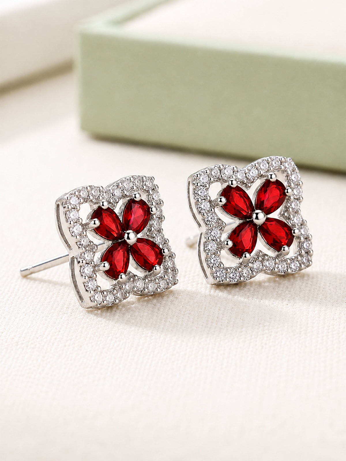 Rhodium Plated Red AD Stud Earrings for Women