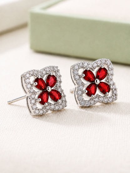 Rhodium Plated Red AD Stud Earrings for Women