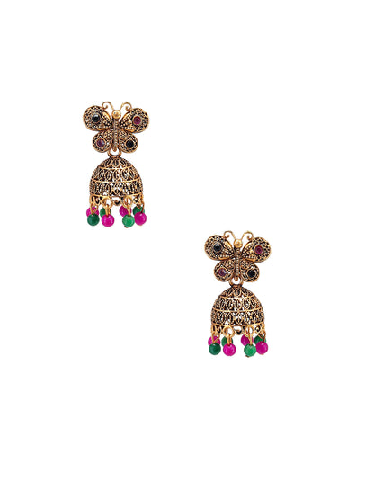 Antique Gold-Plated Butterfly Artificial Stone & Beaded Jhumki Earrings