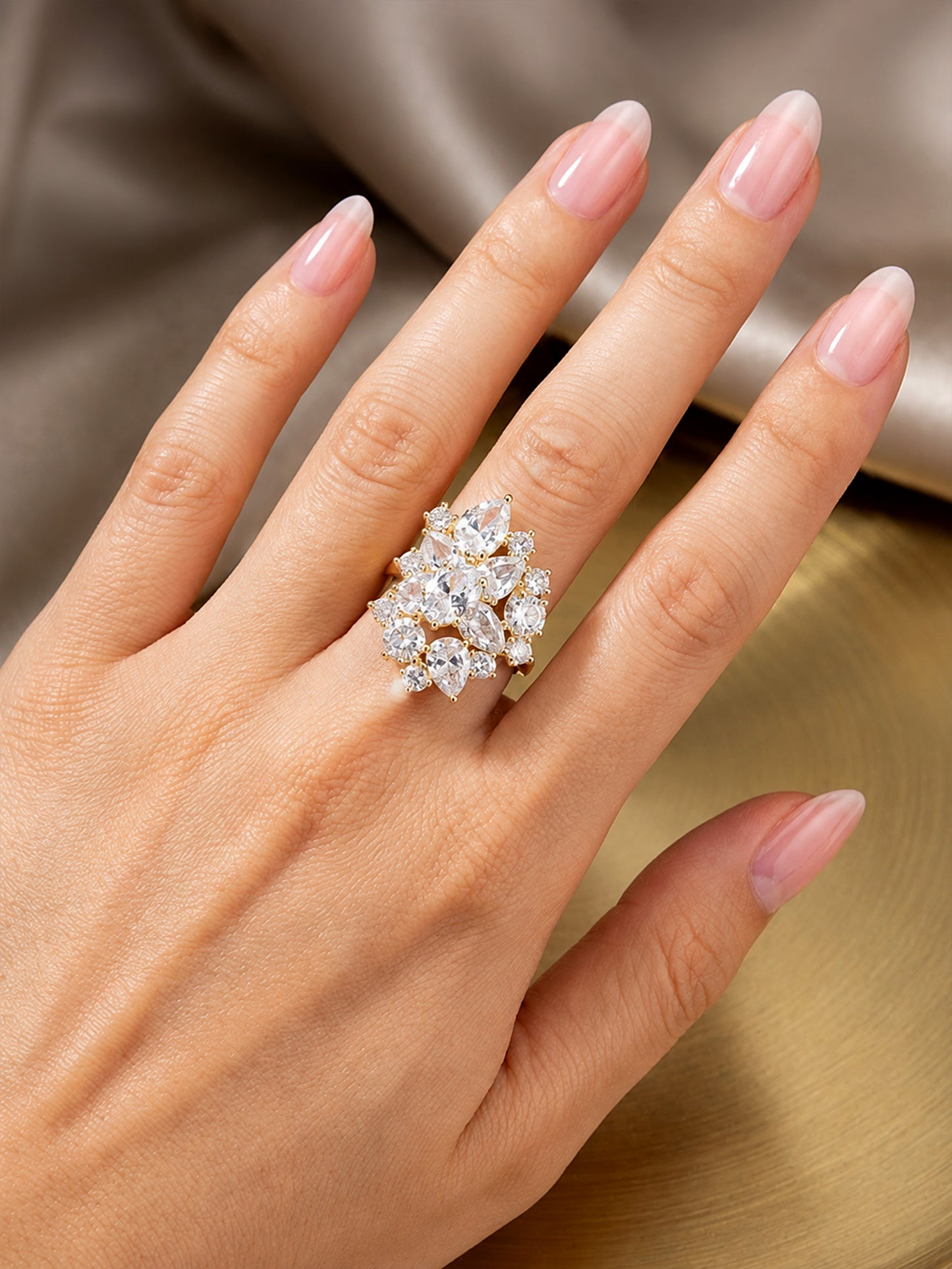 Gold Cluster AD Statement Ring – Pear-Cut Sparkle Design for Women