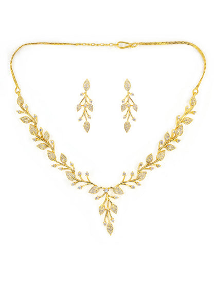 Gold Plated American Diamond Leaf Designer Jewellery Set for Women