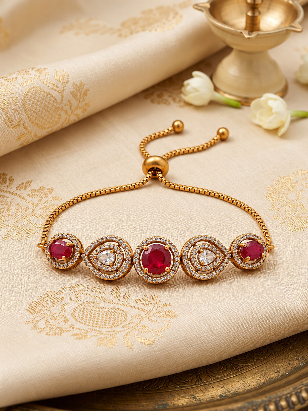 Antique Gold Plated Red AD Adjustable Bracelet for Women