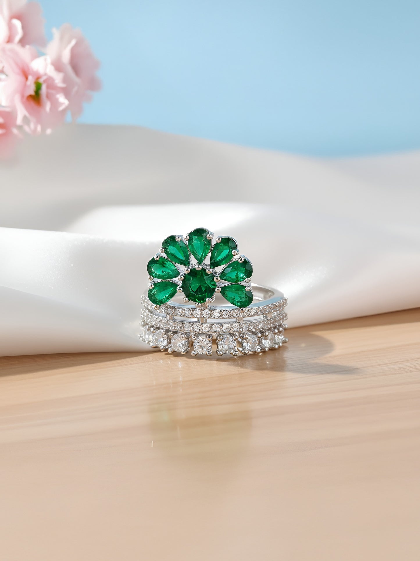 Silver Plated Green AD Floral Ring