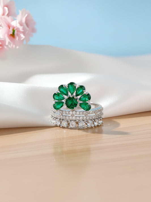 Silver Plated Green AD Floral Ring