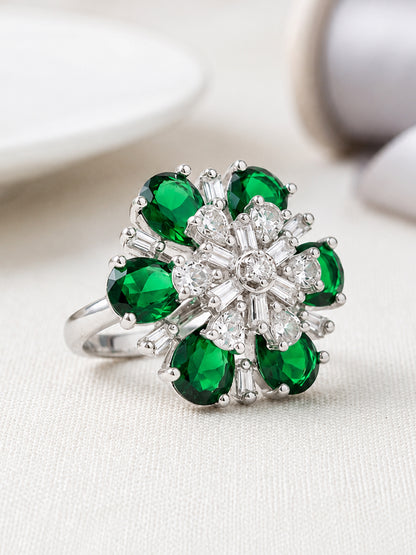 Silver Plated Green AD Floral Finger Ring for Women