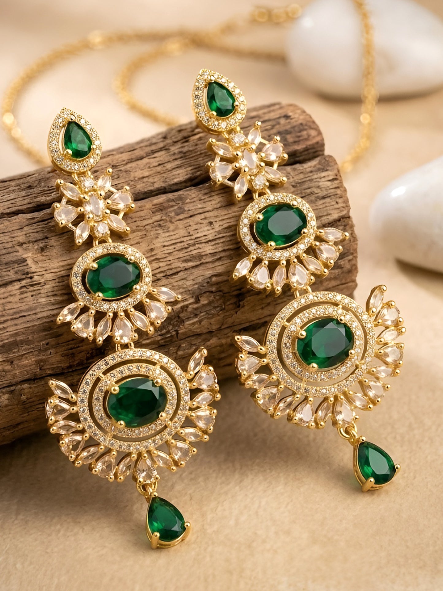 Gold Plated Green AD Long Earrings for Women