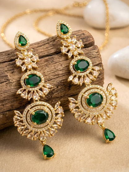 Gold Plated Green AD Long Earrings for Women