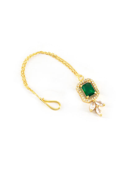 Gold Plated Green American Diamond Maang Tikka for Women