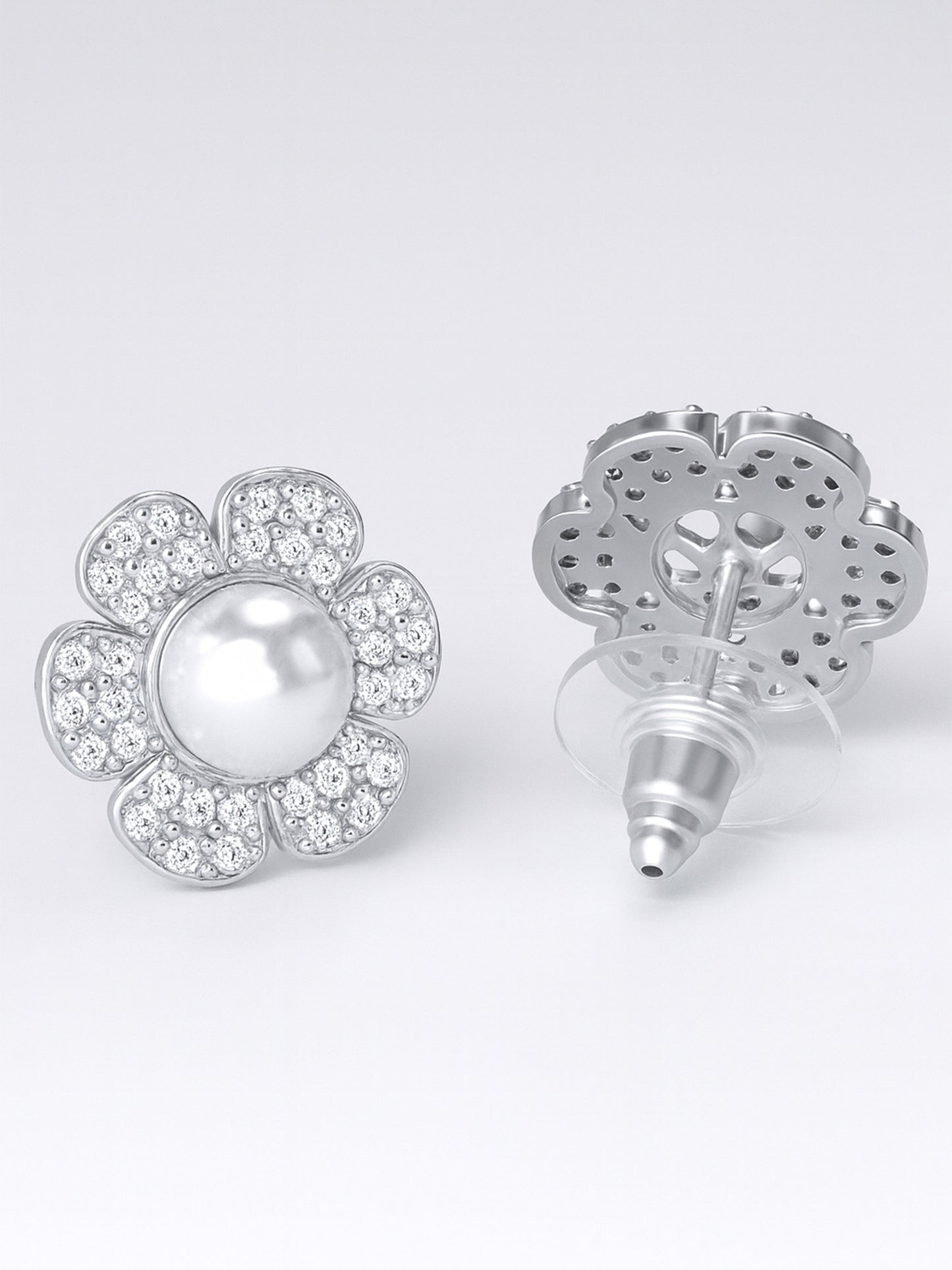 Silver Plated American Diamond Pearl Studded Stud Earrings for Women