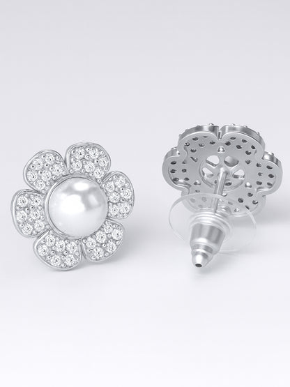 Silver Plated American Diamond Pearl Studded Stud Earrings for Women