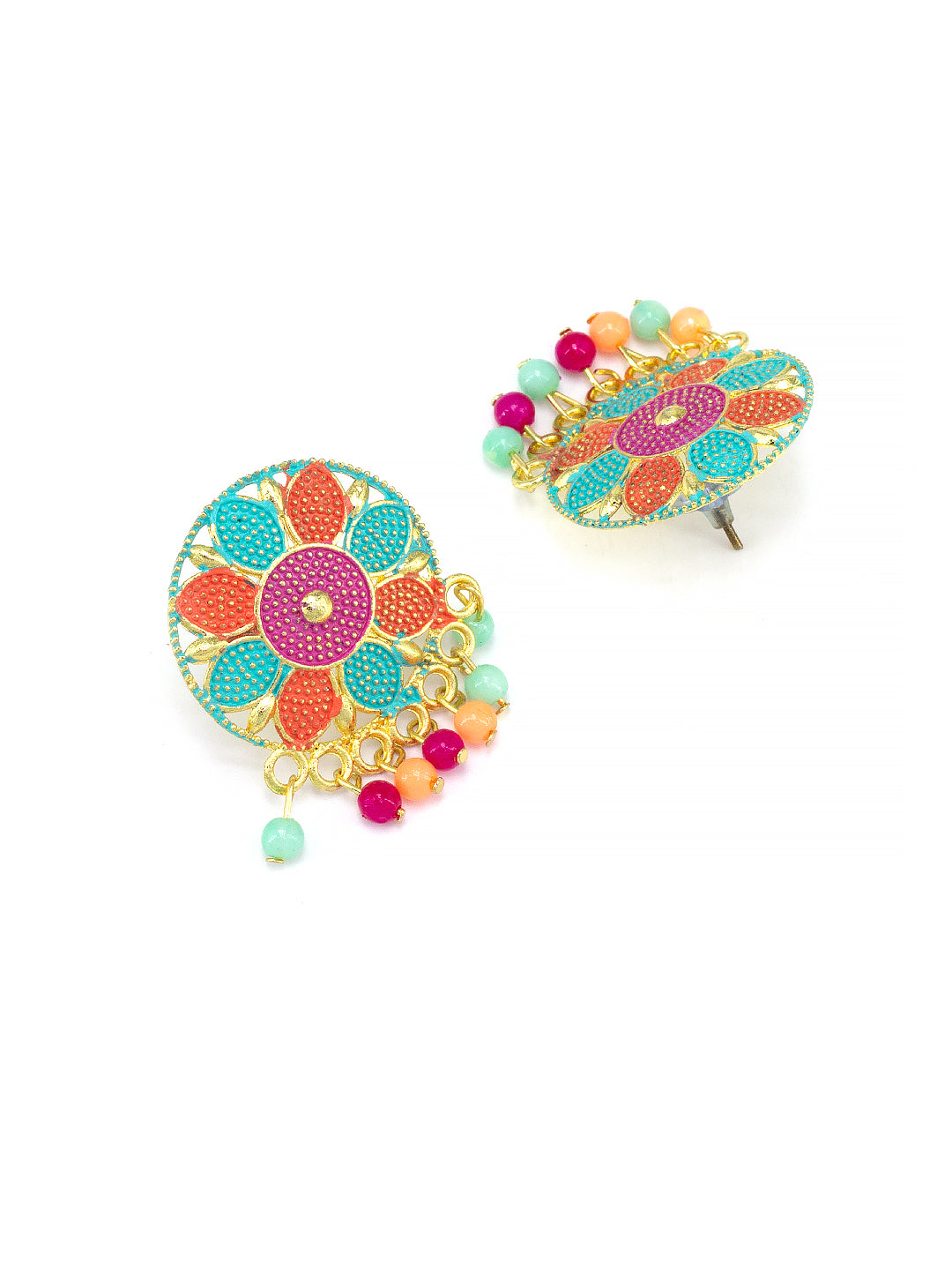 Silver-Plated Circular Floral Multi Color Stud Earrings