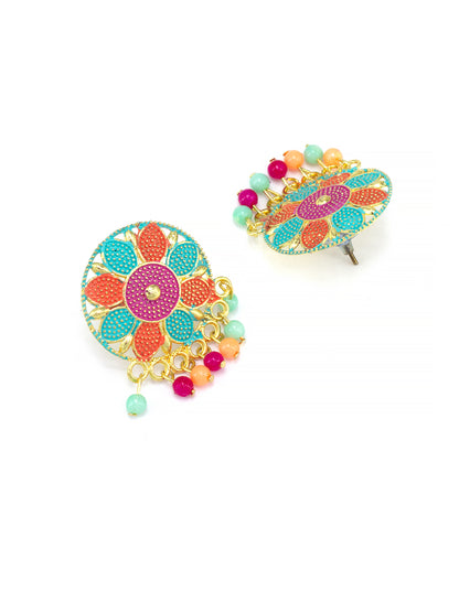 Silver-Plated Circular Floral Multi Color Stud Earrings