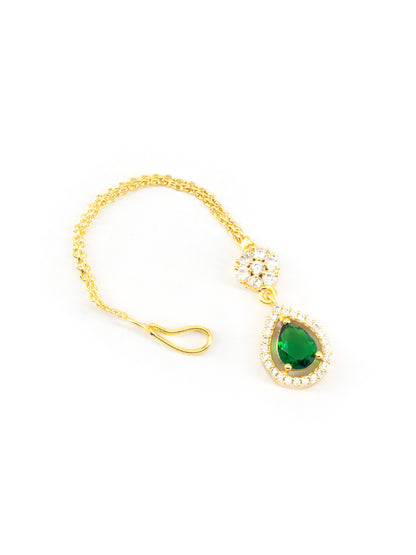 Gold Plated Green AD Teardrop Maang Tikka for Women