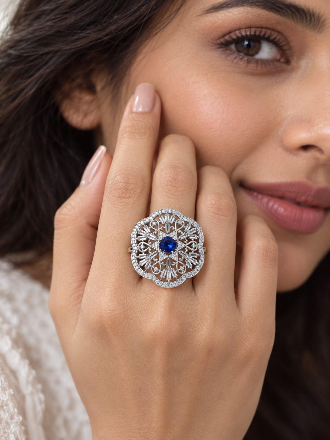 Silver Plated Blue AD Finger Ring for Women