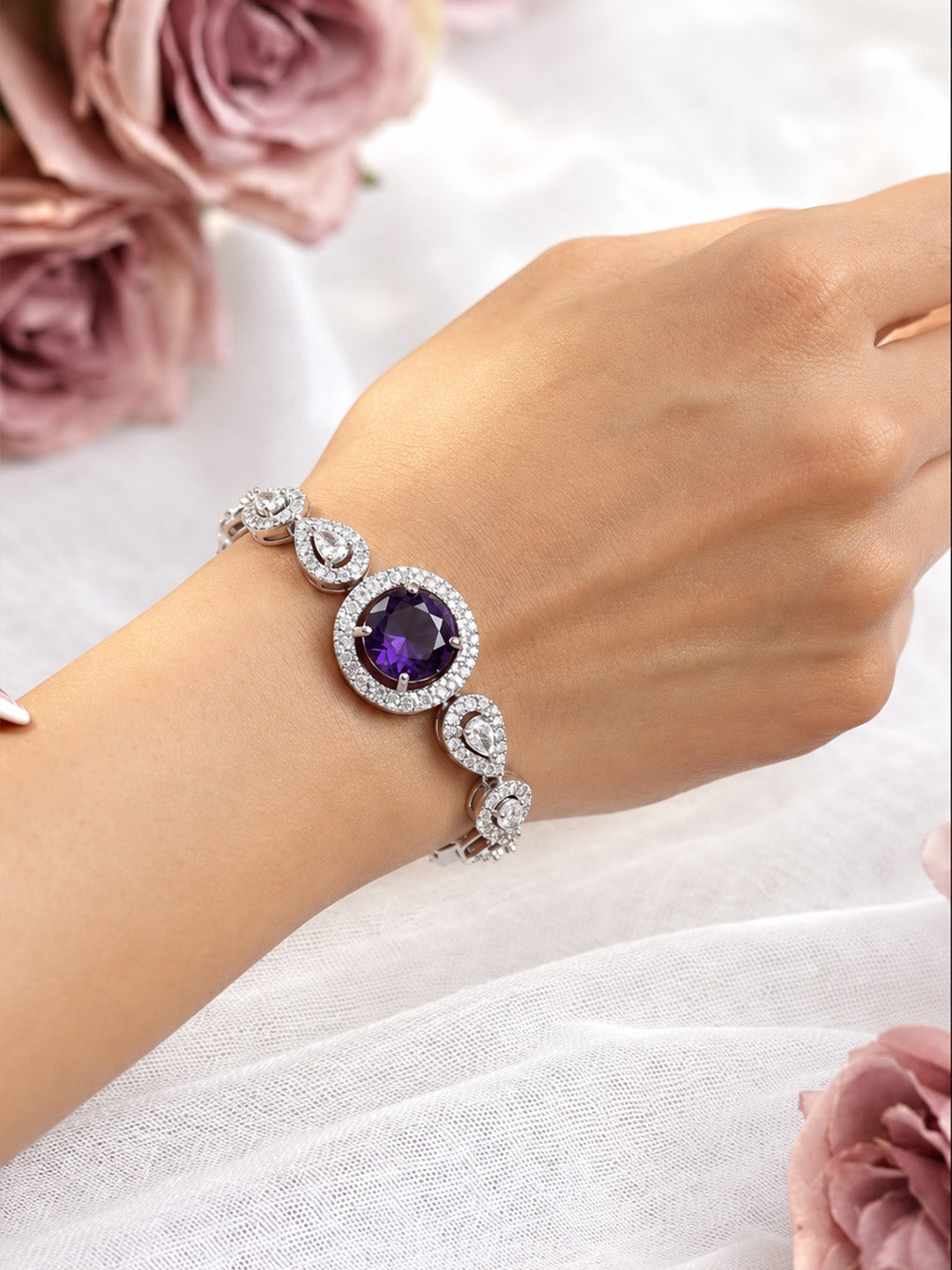 Silver Plated Purple AD Adjustable Bracelet for Women