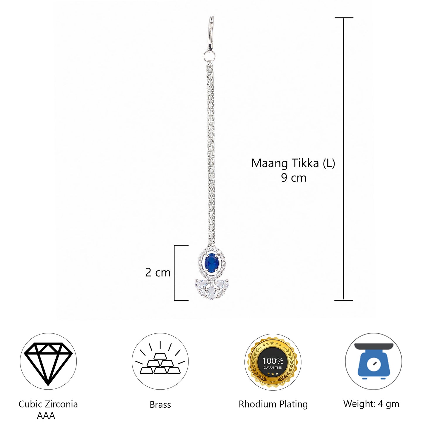 Silver Plated Blue AD Maang Tikka for Women