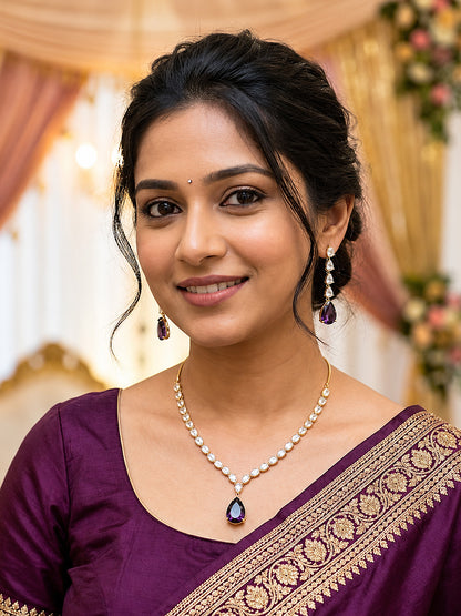 South Indian Gold Plated Purple AD Teardrop Jewellery Set for Women