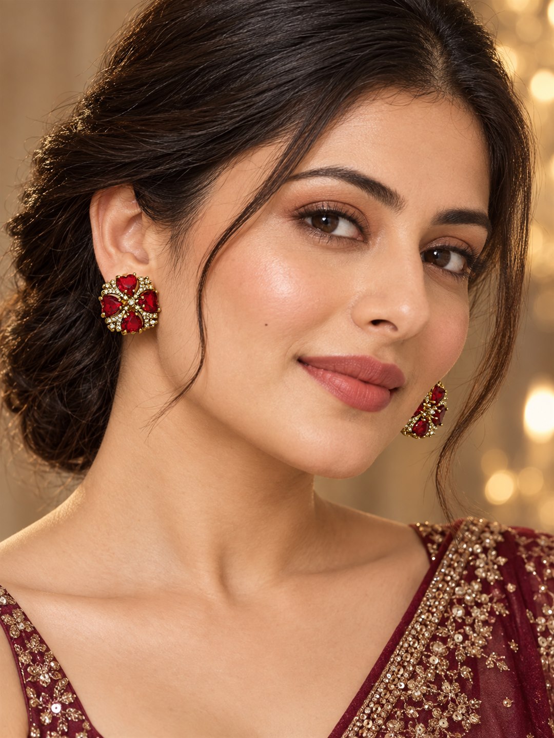 South Indian Gold Plated Red AD Floral Stud Earrings for Women