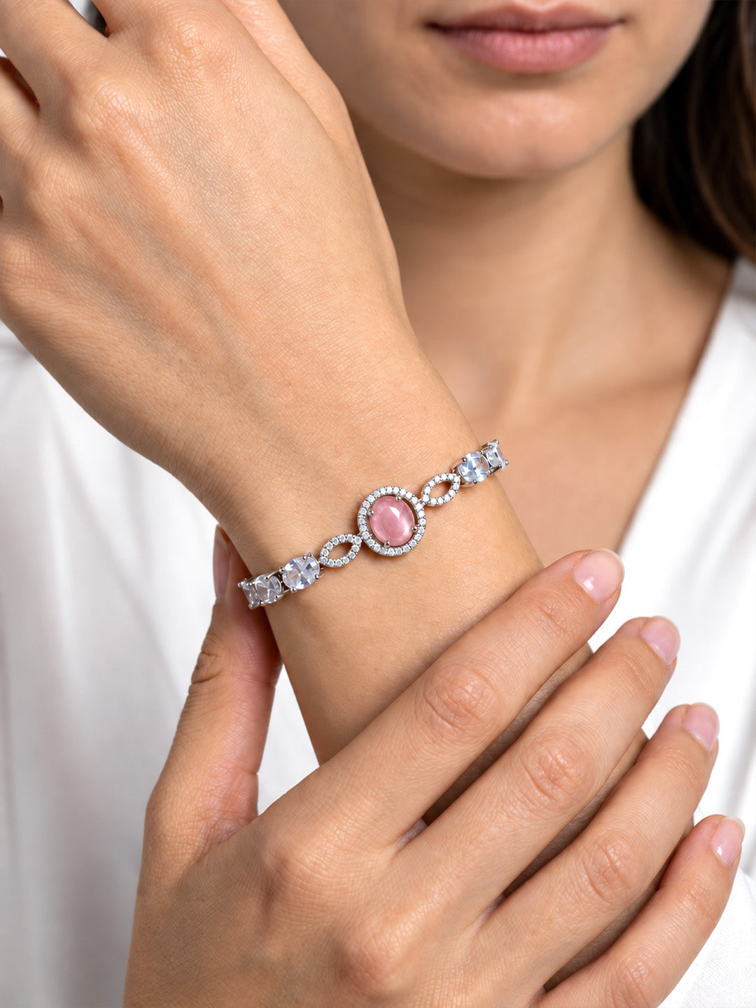 Silver Plated Pink AD Adjustable Bracelet for Women