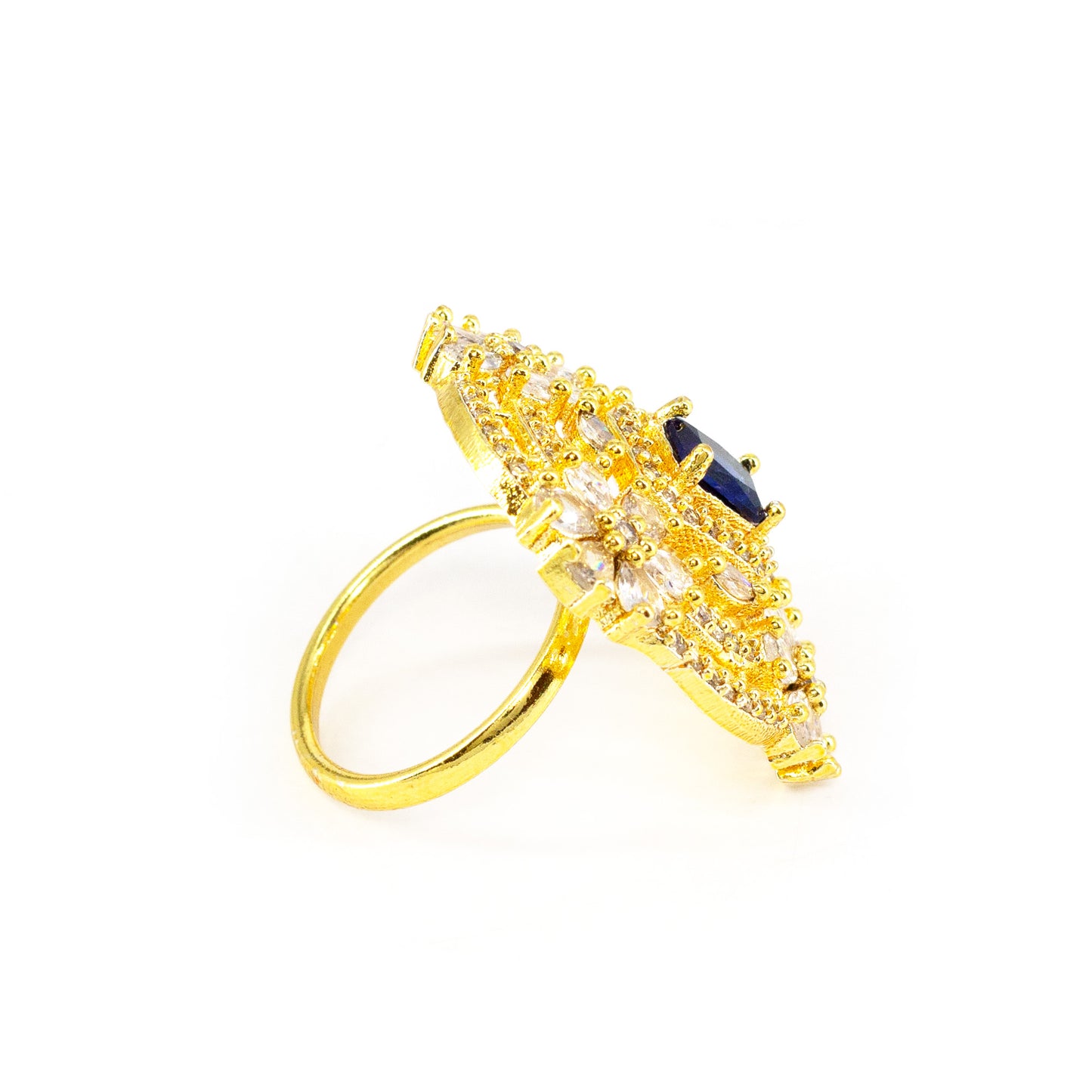 Gold Plated Blue AD Floral Adjustable Finger Ring for Women