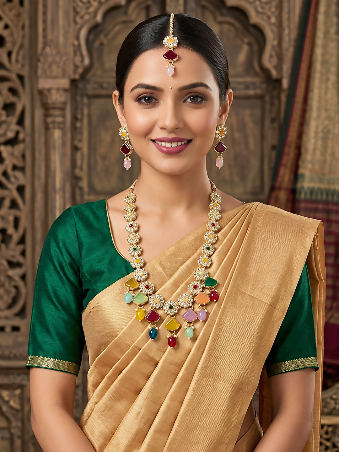Gold Plated Artificial Stones and Beads Jewellery Set With Maangtika