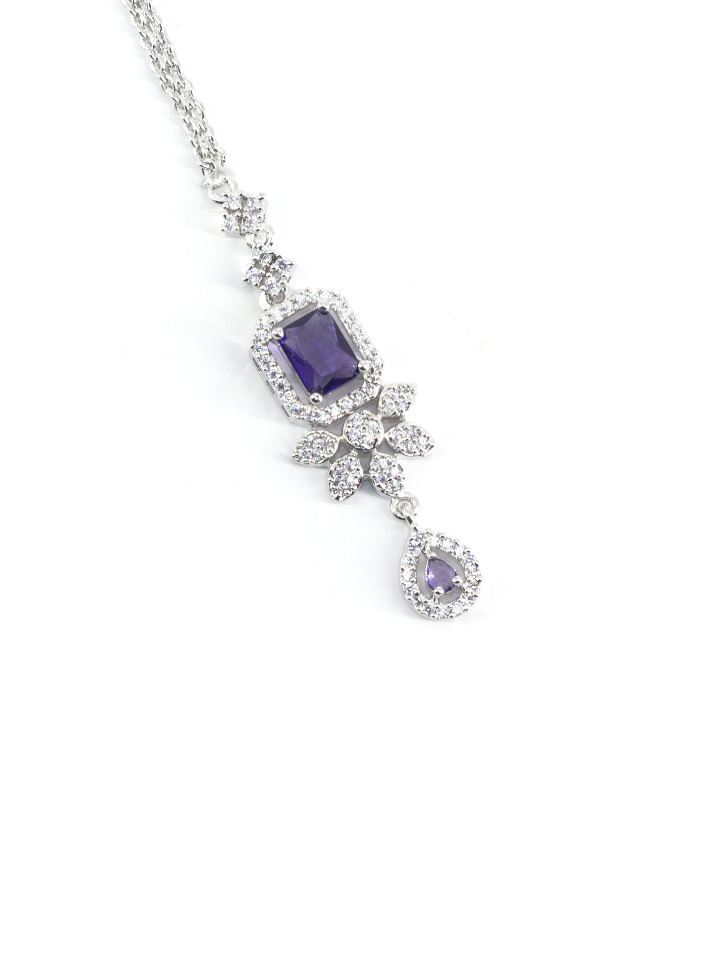 Silver Plated Purple AD Floral Maang Tikka for Women
