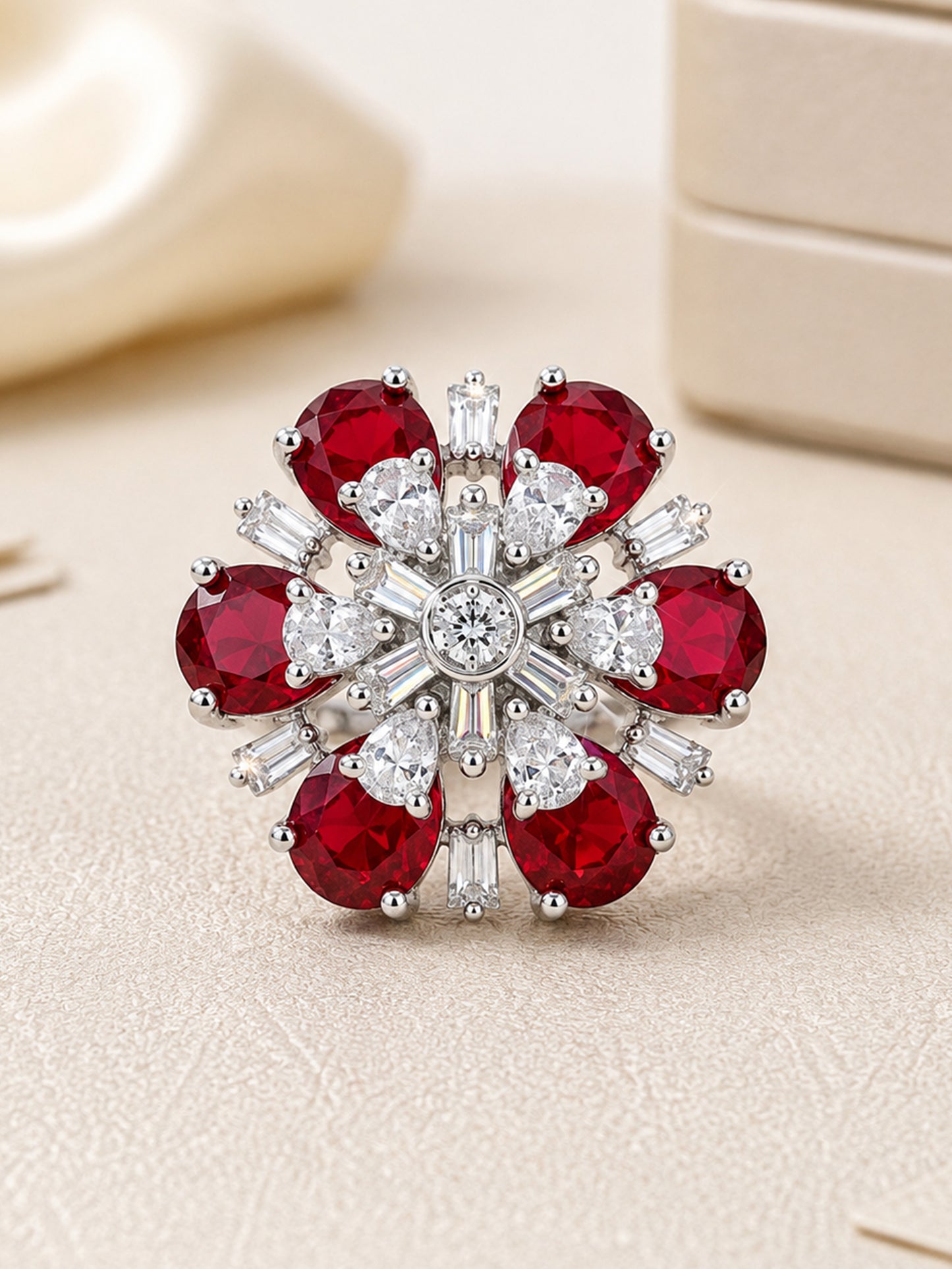 Silver Plated Red AD Floral Finger Ring for Women