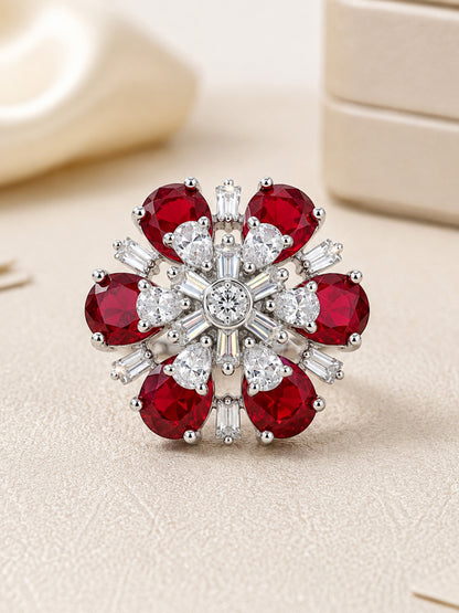 Silver Plated Red AD Floral Finger Ring for Women
