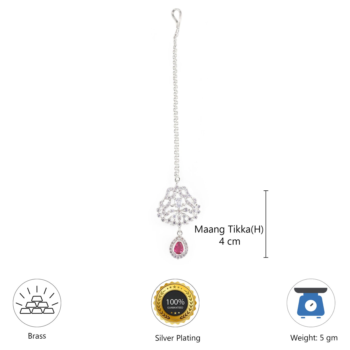 Rhodium Plated Red AD Maang Tikka for Women