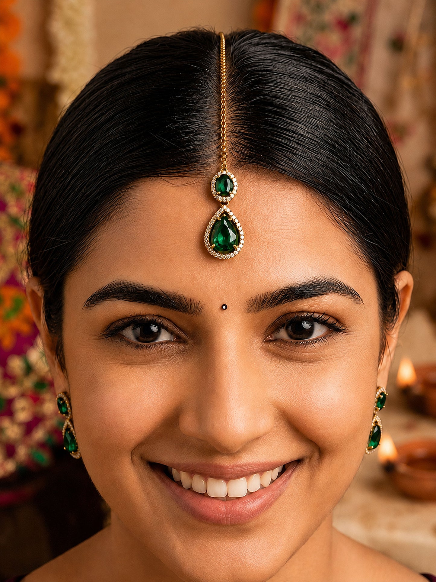 Antique Gold Plated Green AD Maang Tikka for Women