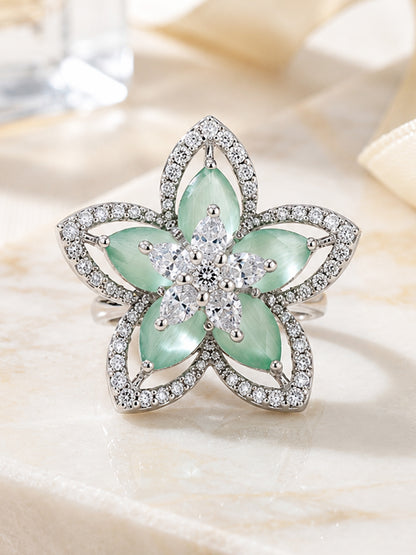 Rhodium Plated Green AD Floral Finger Ring for Women